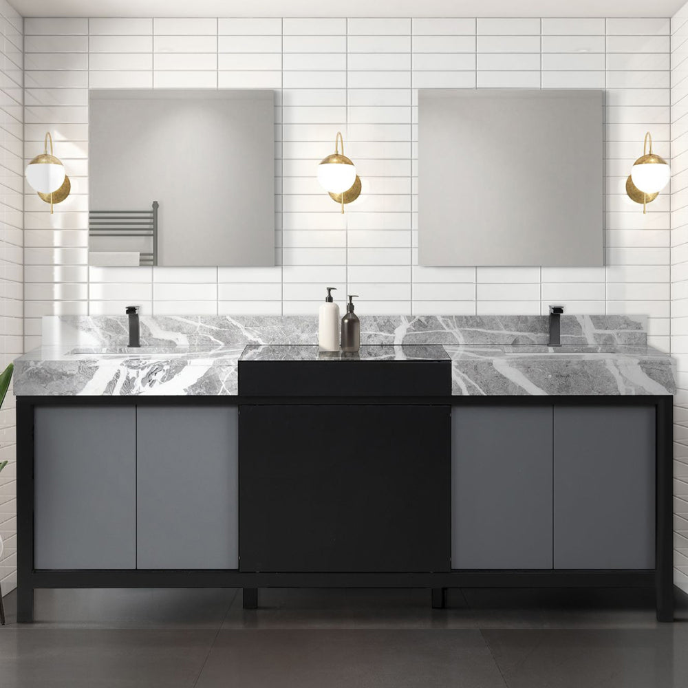Black and Grey Double Bath Vanity 84 in. W x 22 in. D, Castle Grey Marble Top and Gun Metal Faucet Set