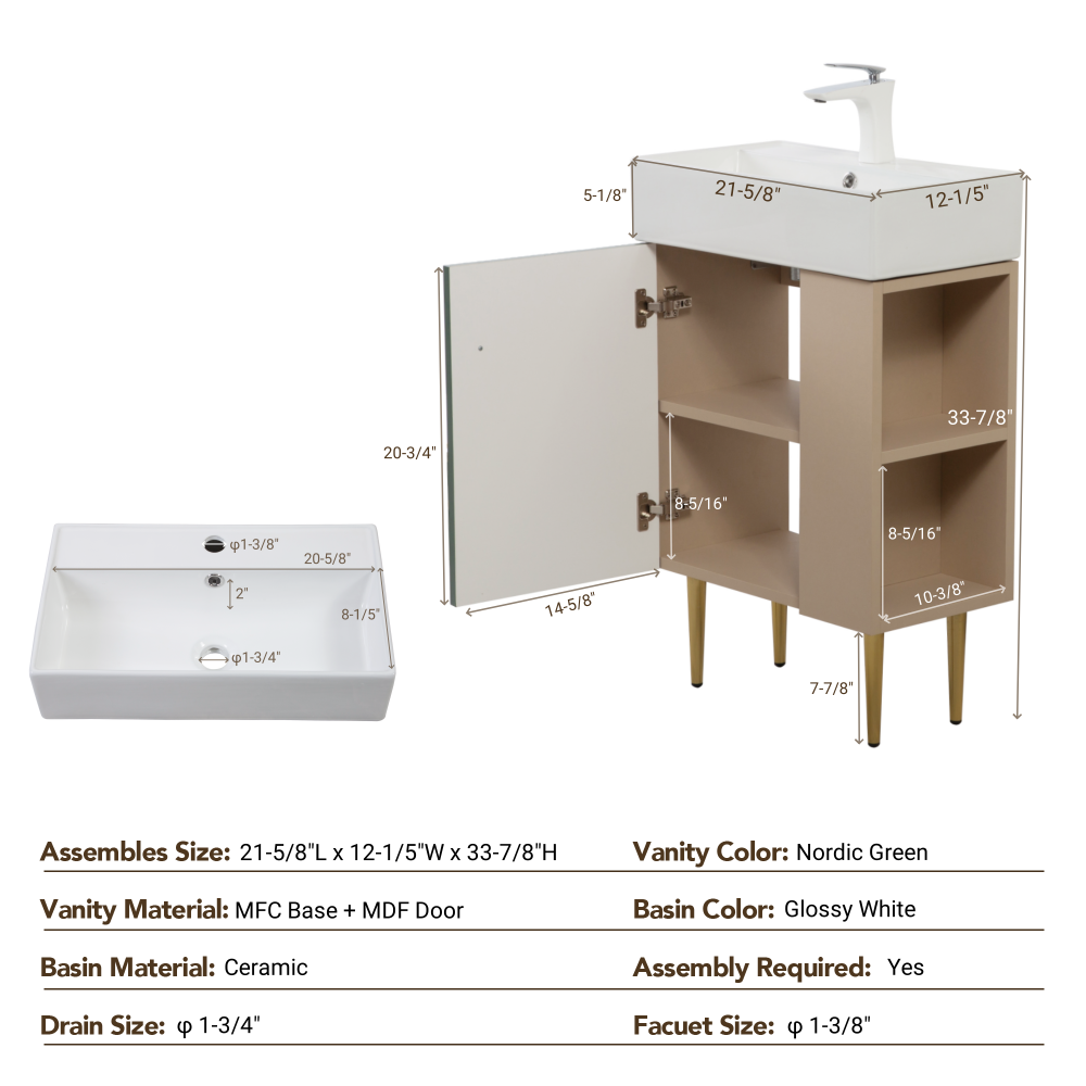21.6" Open-shelving Bathroom Vanity with Ceramic Sink and Soft-Closing Door, Cloakroom Open Shelf Storage Cabinet on the Right Side, Assembly Required, Green 24VB06-21LVR