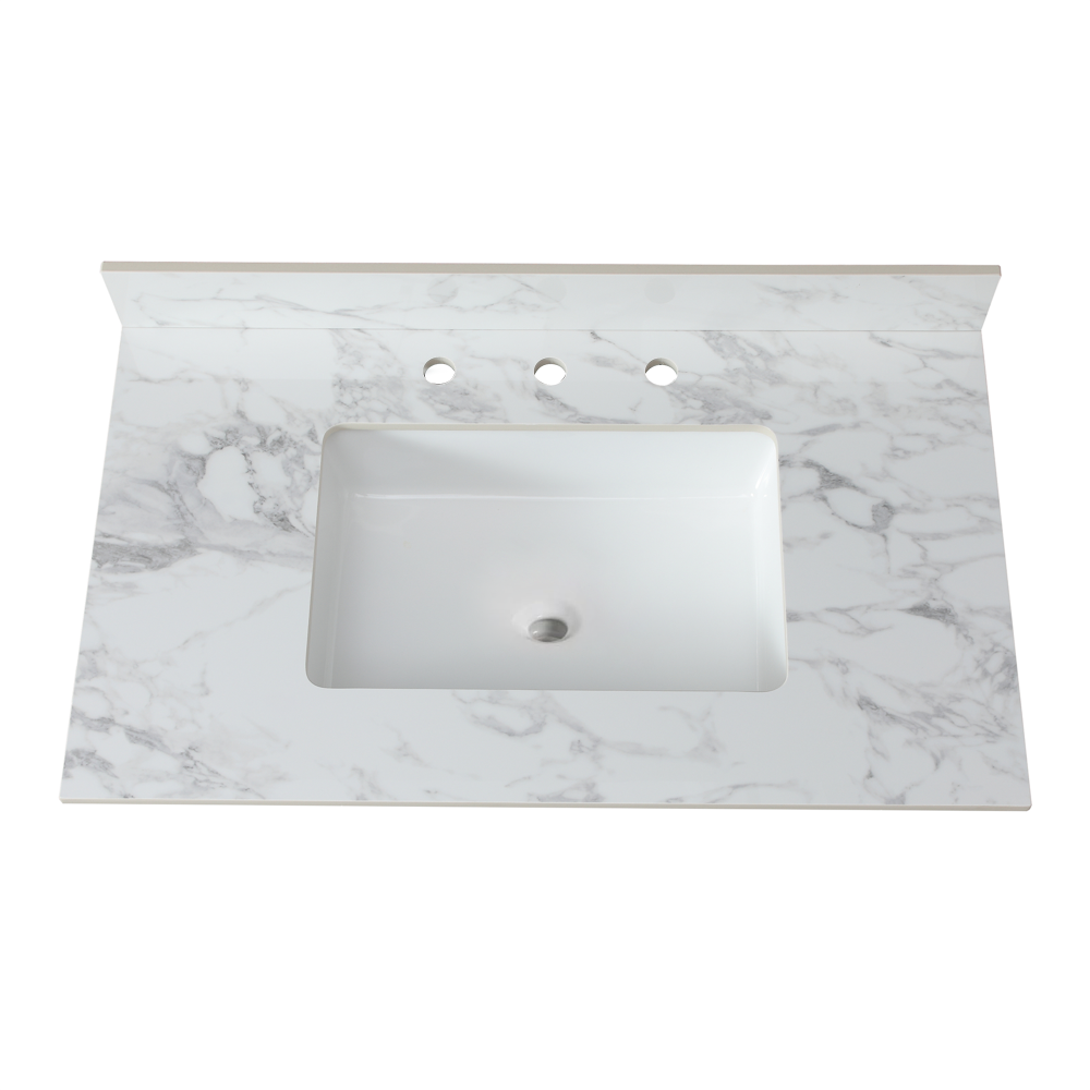 37"x22"Bathroom Vanity Top,sintered stone carra white Barthroom Vanity Sink Tops with Rectangular Undermount Ceramic Sink with Vanity Backsplash, Single Faucet Hole Bathroom Vanity Countertop