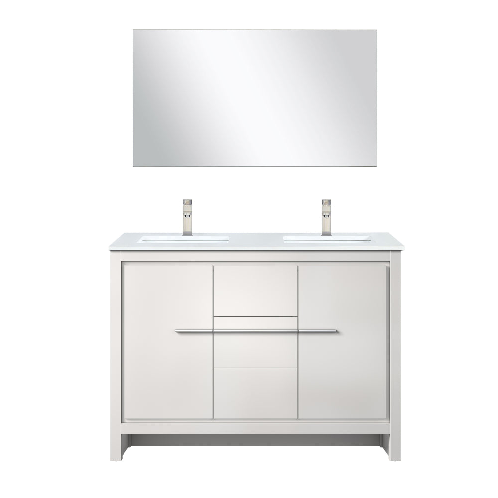 White Double Bath Vanity 48 in. W x 20 in. D, Cultured Marble Top, Brushed Nickel Faucet Set and 43 in. Mirror
