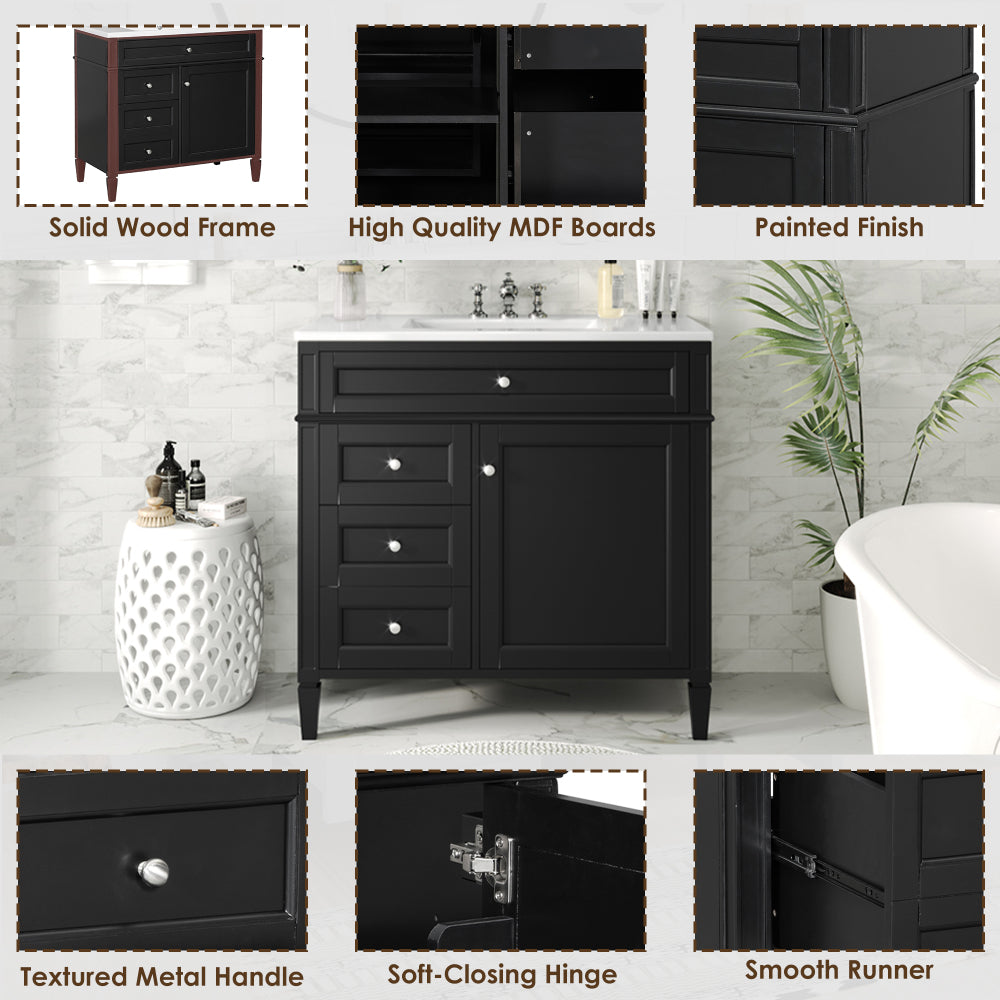 36'' Bathroom Vanity with Top Sink, Modern Bathroom Storage Cabinet with 2 Drawers and a Tip-out Drawer, Single Sink Bathroom Vanity