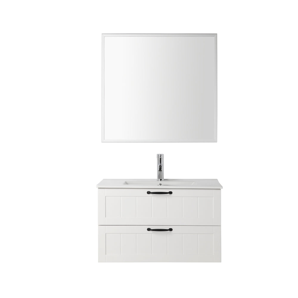 31.5inch Modern Style Bathroom Cabinet, Double Drawer With Decor Line,Wall-Mounted Bathroom Vanity with Basin & Mirror,Soft-Close System,for Bathroom,White
