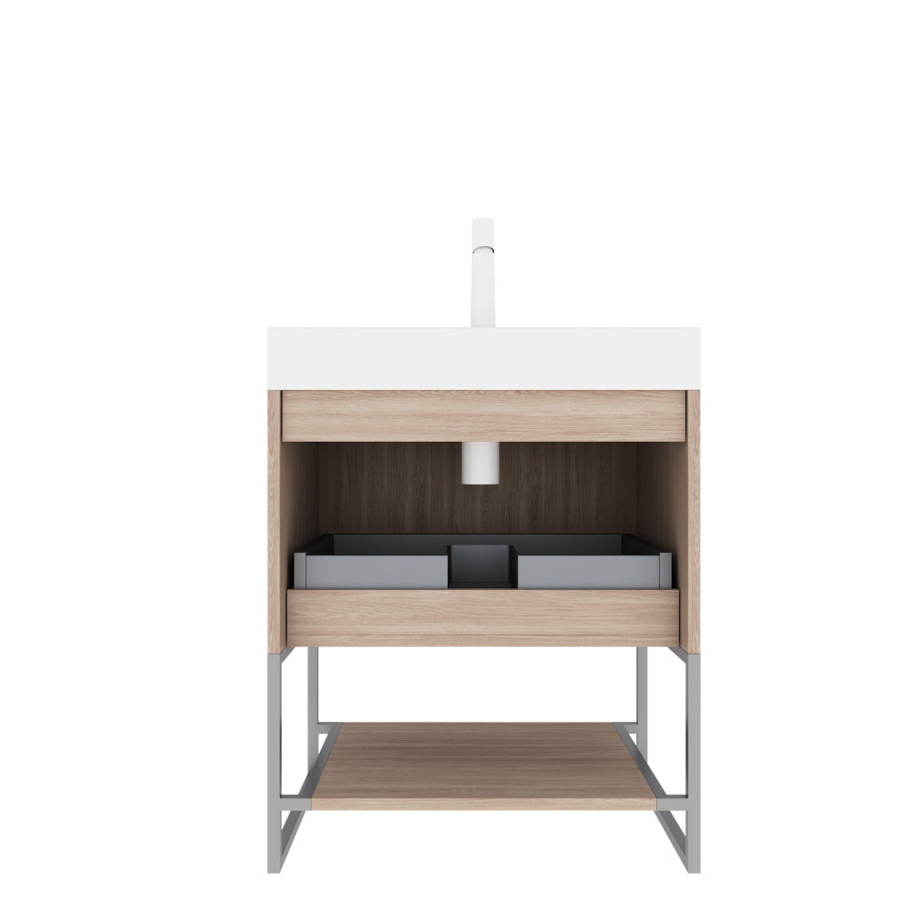 YOLAN 24" Bathroom Vanity with Sink, Freestanding Plywood Striped Storage Cabinet with Drawer and Open Shelf, White Rectangular Integrated Basin without Faucet, Pre-assembled, Light Brown Oak Color