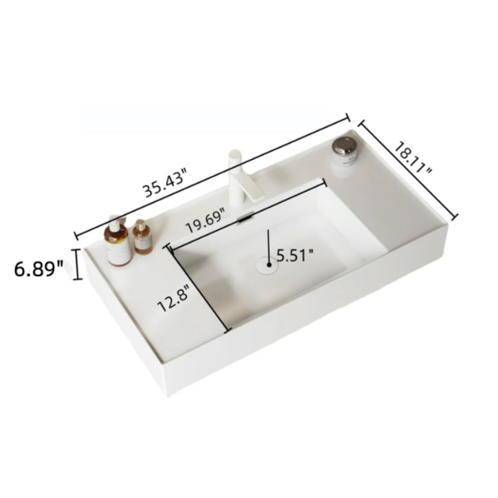 LEDE 36" Bathroom Vanity with Vessel Sink, Wall-Mounted Floating White Rectangular Acrylic Integrated Basin without Faucet, Striped Shelves Layer, Dark Walnut Woodgrain Color