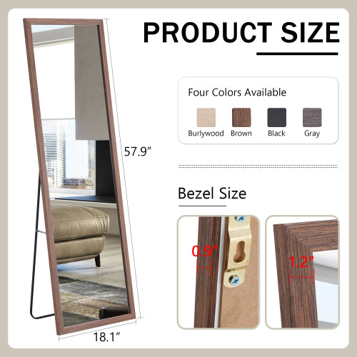 Third generation packaging upgrade, thickened border, brown wood grain solid wood frame full length mirror, dressing mirror, bedroom entrance, decorative mirror, and floor standing mirror. 57.9"*18.1"