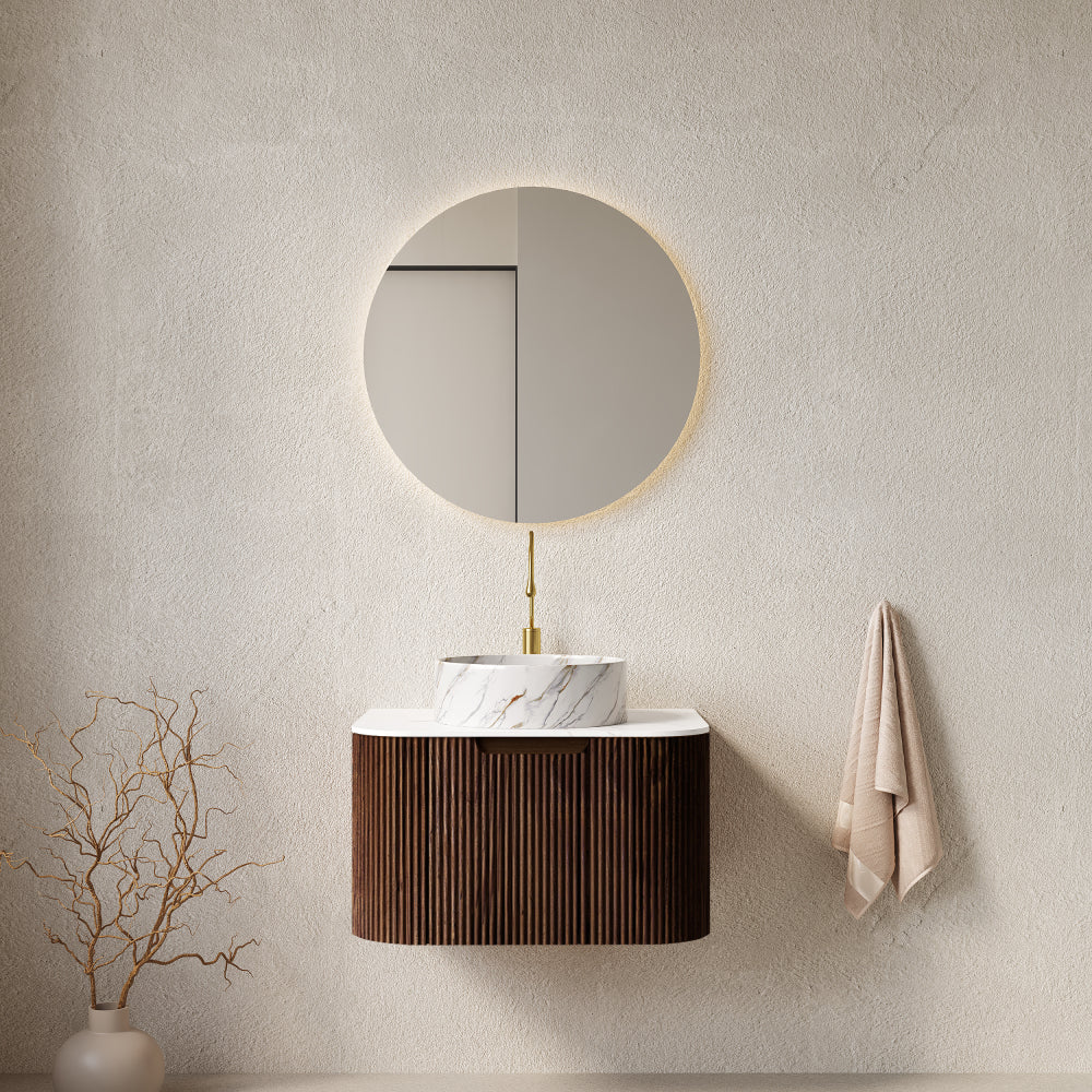 DINA 24" Bathroom Vanity with Sink, Wall-Mounted Floating Curved Edges Striped Bathroom Storage Cabinet with Drawer, White Round Ceramic Basin with Stone Pattern, Pre-assembled, Light Green Color