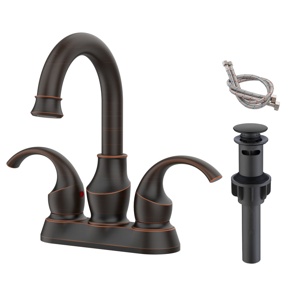 Bathroom Faucet 2-Handle Brushed Gold with 360 Degree Rotating Spout, Crescent Moon Style 4-inch Centerset Vanity Sink with Pop-Up Drain and Supply Hoses, FR4090-BG