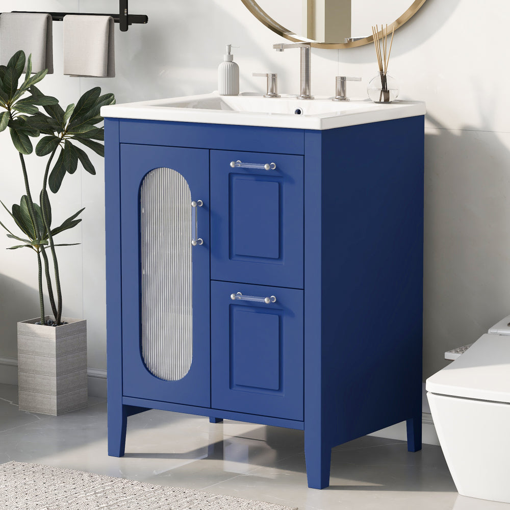 24" Bathroom Vanity with Sink, Bathroom Vanity Cabinet with Two Drawers and Door, Adjustable Shelf, Solid Wood and MDF, Black