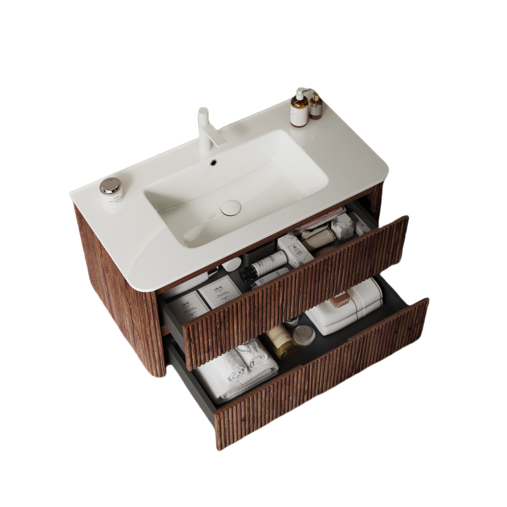NOOR 36" Bathroom Vanity with Sink, Wall-Mounted Floating Plywood Bathroom Storage Cabinet with 2 Drawers, Ceramic Basin with Sink Hole Cover and Drain, Pre-assembled, Retro Walnut Woodgrain Color