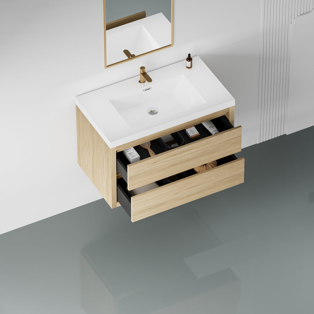 36" Wall-Mounted Bathroom Vanity with Sink, Floating Bathroom Storage Cabinet with Stone Resin Countertop and Soft Close Drawers, Natural Oak 24V15-36NO