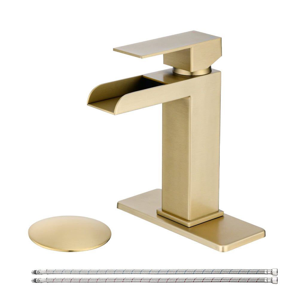 Waterfall Bathroom Faucet Brushed Nickel Single Handle Bathroom Sink Faucets 1 or 3 Hole Solid Vanity Faucet with Deck Plate & Overflow Pop Up Drain Brushed Nickel