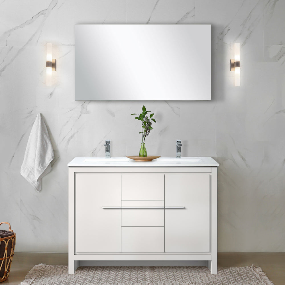 White Double Bath Vanity 48 in. W x 20 in. D, White Quartz Top, Chrome Faucet Set and 43 in. Mirror