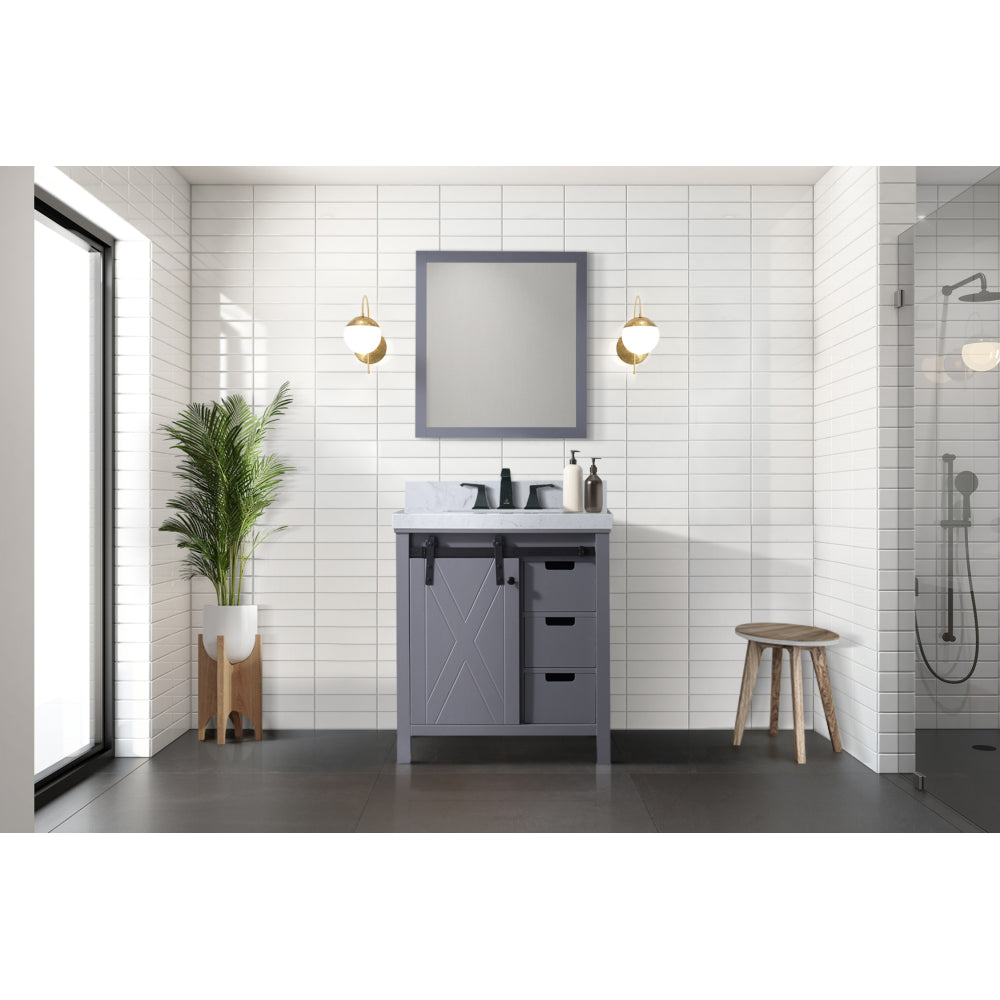 Dark Grey Bath Vanity 30 in. W x 22 in. D, Carrara Marble Countertop, Faucet Set and 28 in. Mirror