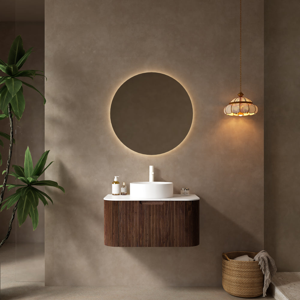DINA 24" Bathroom Vanity with Sink, Wall-Mounted Floating Curved Edges Striped Bathroom Storage Cabinet with Drawer, White Round Ceramic Basin with Stone Pattern, Pre-assembled, Light Green Color