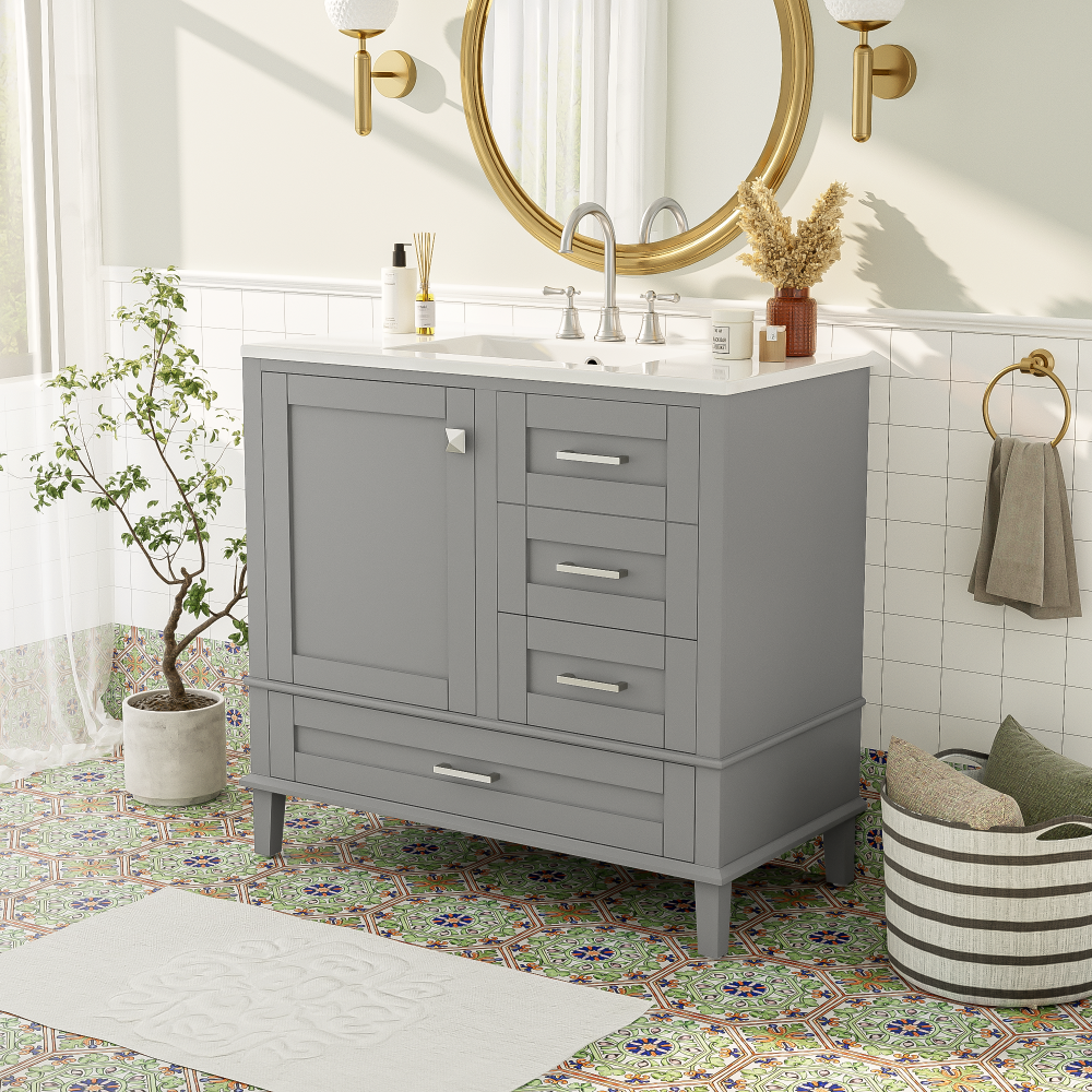 36" Grey Bathroom Vanity with Solid Pine Frame, 1 Soft Close Door and 3 Drawers , Modern Storage Cabinet (The Same Series as WF321698)