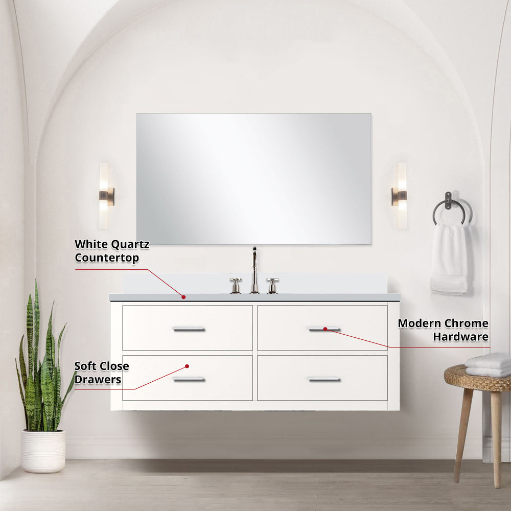 White Single Bath Vanity 48 in. W x 22 in. D, White Quartz Countertop, 43 in. Mirror and Faucet Set
