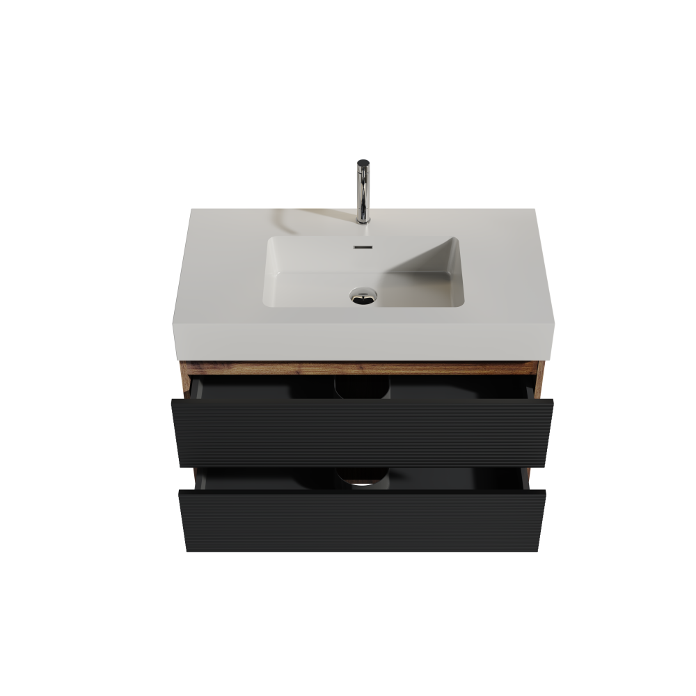 Grace 36" Walnut Bathroom Vanity with Glossy White Solid Surface Sink and Soft Black Drawers, Wall Mounted Floating Bathroom Vanity for Modern Bathroom, One-Piece Glossy White Basin, KD
