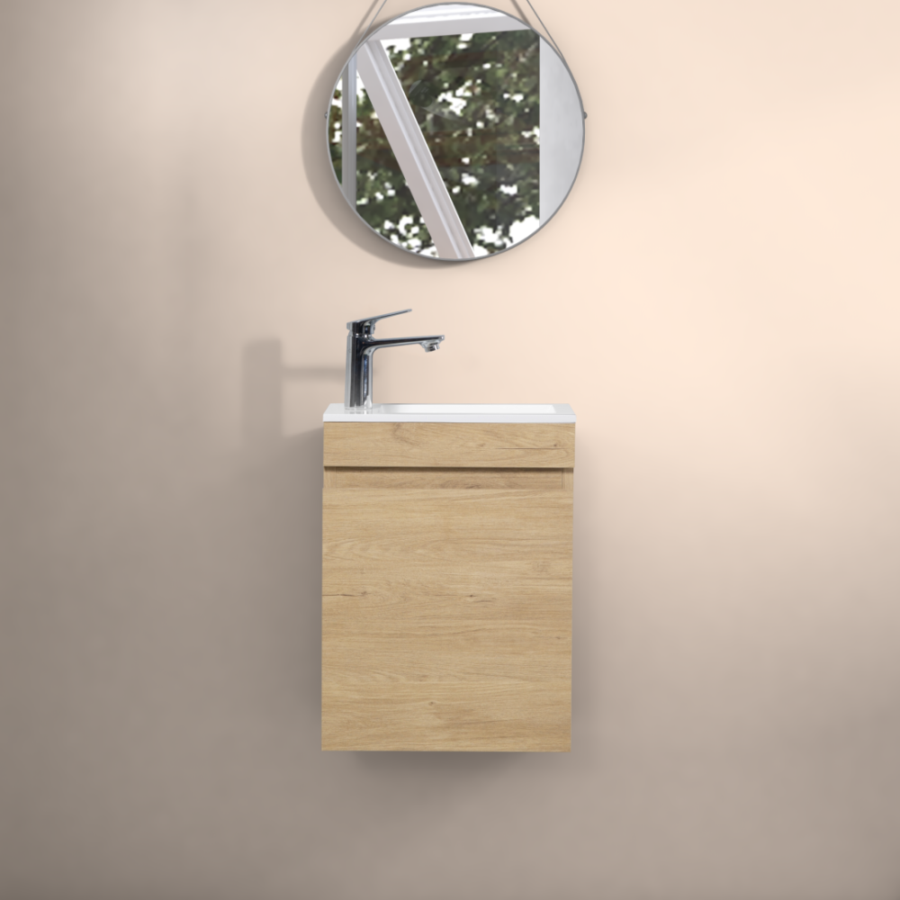 16" Floating Bathroom Vanity with Sink, Wall-Mounted Small Bathroom Storage Vanity Cabinet with Resin Top Basin and Soft Close Doors, Natural Oak 24V11-16NO