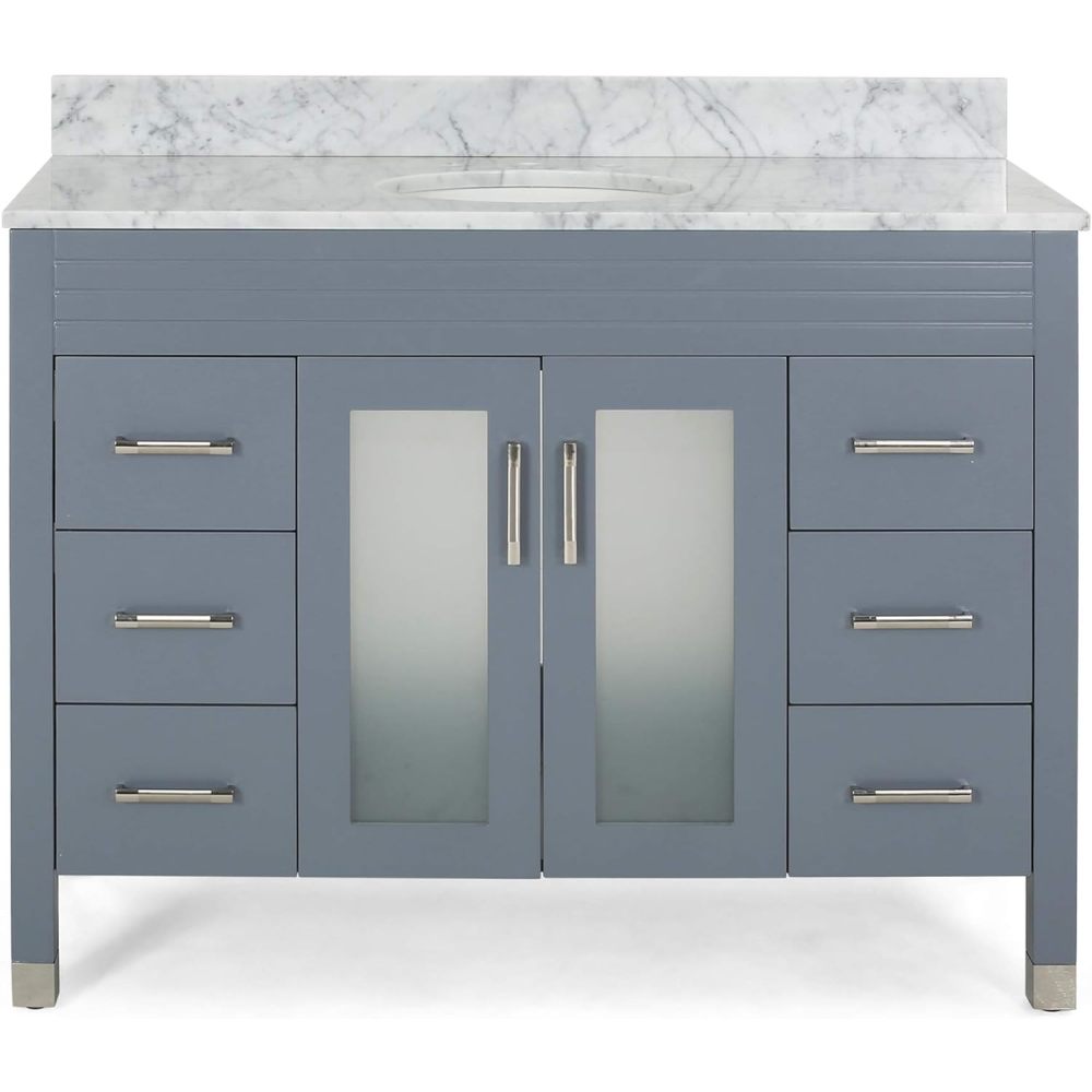 49'' Bathroom Vanity with Marble Top & Ceramic Sink, 2 Doors with Glass, 6 Drawers, Gray