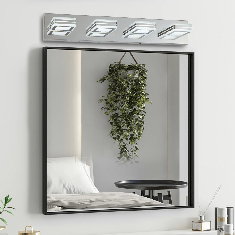 (Same as W1340103888/L2006) 32" Modern Chrome 5-Light LED Vanity Light, Square Acrylic Lampshades Wall Mount Fixture for Bathroom, Mirror Lighting
