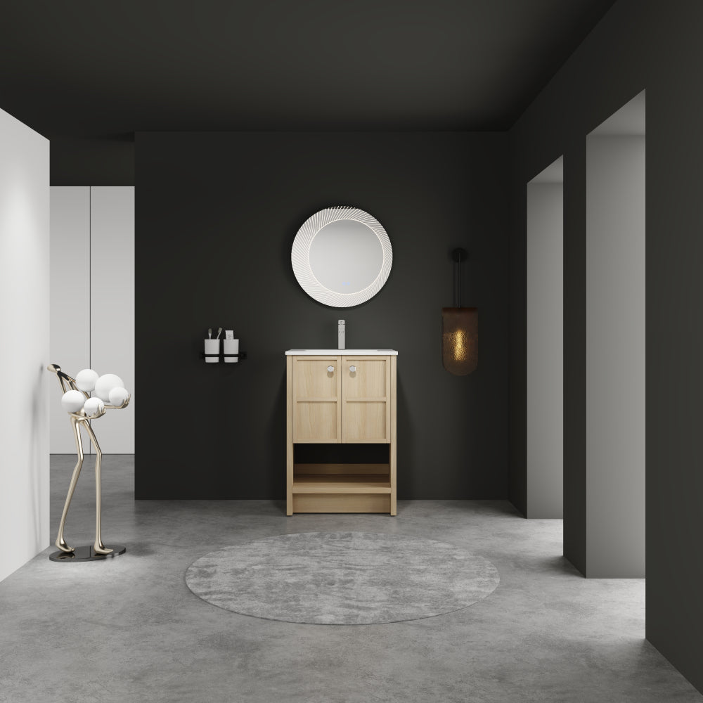 24" Freestanding Bathroom Vanity whit Ceramic Sink, 2-Soft Closing Door, Oak, Plywood