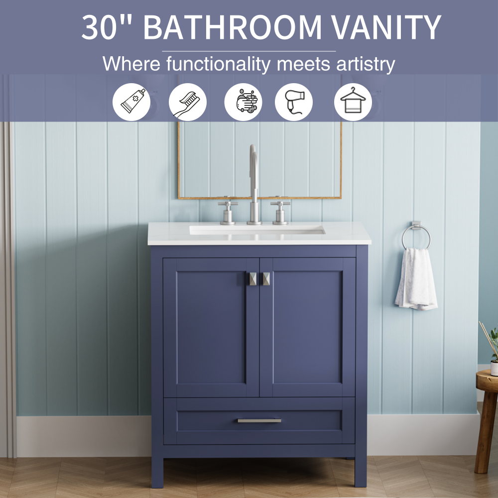 30" Freestanding Bathroom Vanity with Sink, Carrara Engineered Marble Vanity Top with Under-mounted Rectangular Ceramic Sink, Large Storage Soft-Close Door, Solid Wood Frame, Navy Blue 24V03-30NB