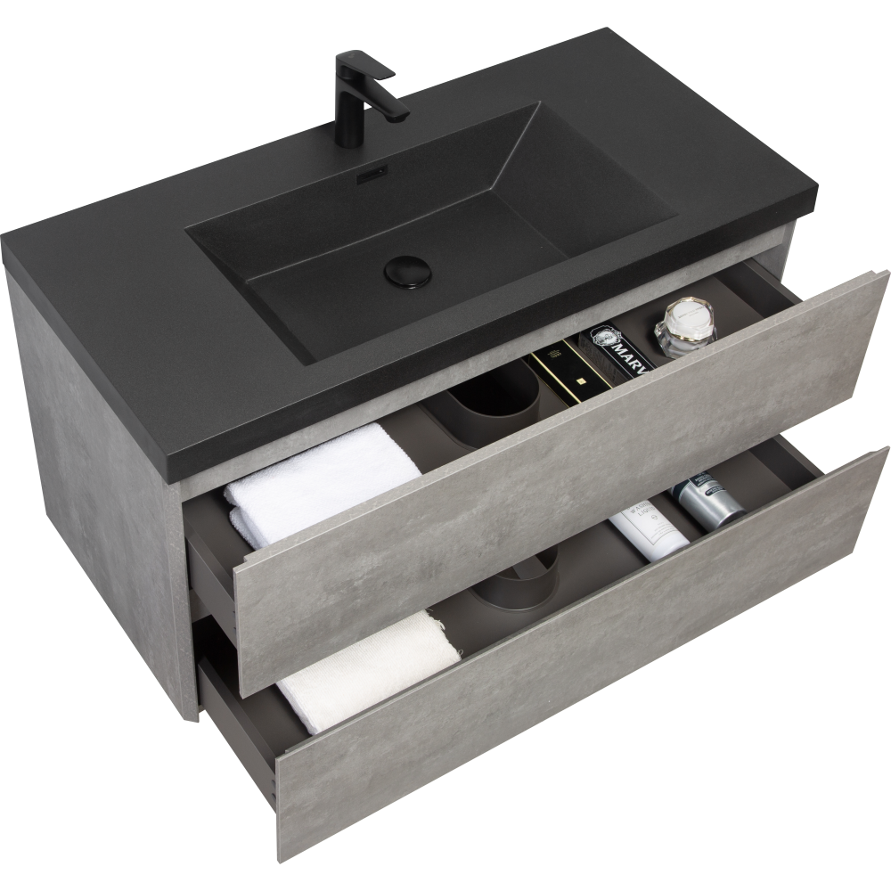 42" Floating Bathroom Vanity with Sink, Modern Wall-Mounted Bathroom Storage Vanity Cabinet with Black Quartz Sand Top Basin and Soft Close Drawers, Grey 24V12-42GR
