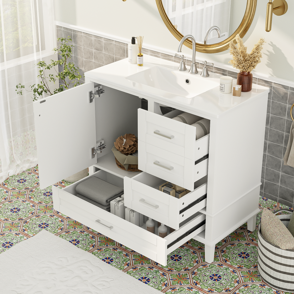 36" Grey Bathroom Vanity with Solid Pine Frame, 1 Soft Close Door and 3 Drawers , Modern Storage Cabinet (The Same Series as WF321698)
