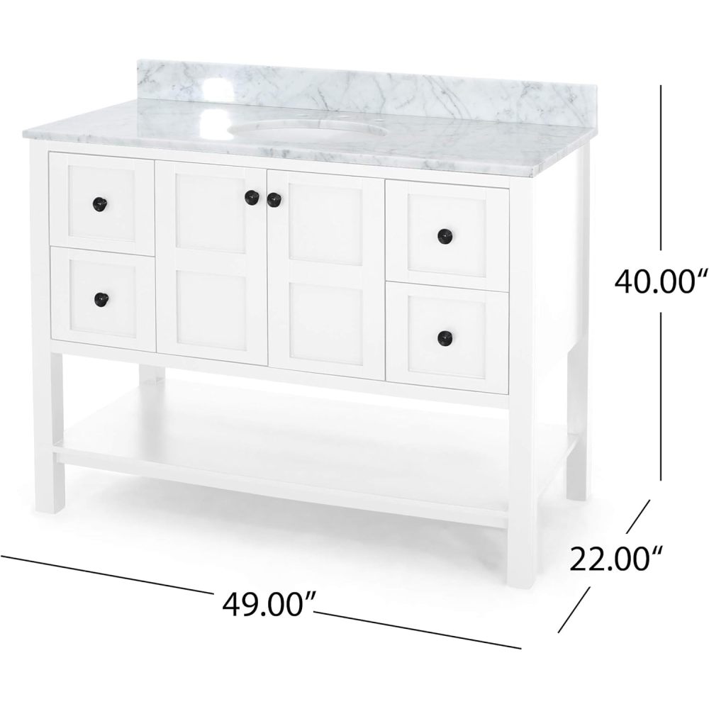 49'' Bathroom Vanity with Marble Top & Ceramic Sink, Two Doors, 4 Drawers, Open Shelf, White