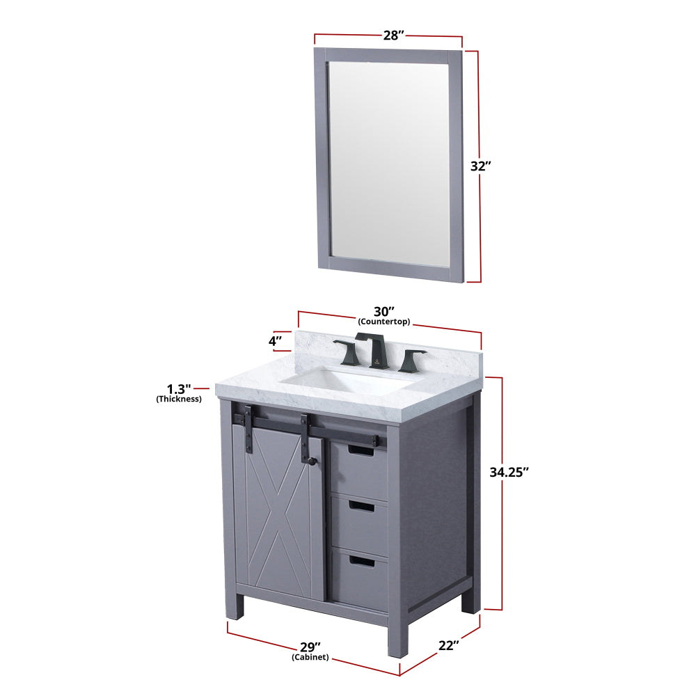 Dark Grey Bath Vanity 30 in. W x 22 in. D, Carrara Marble Countertop, Faucet Set and 28 in. Mirror