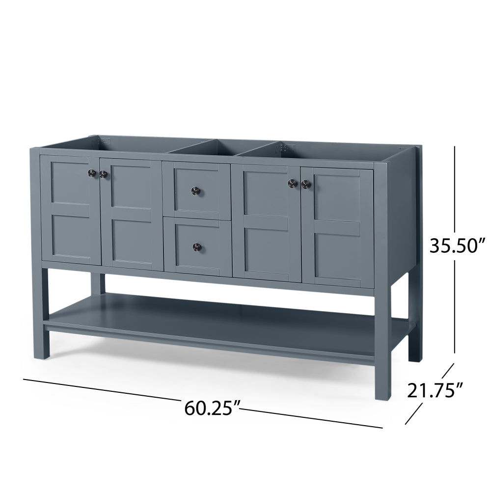 61'' Bathroom Vanity with Marble Top & Double Ceramic Sinks, 4 Doors, 2 Drawers, Open Shelf, Gray