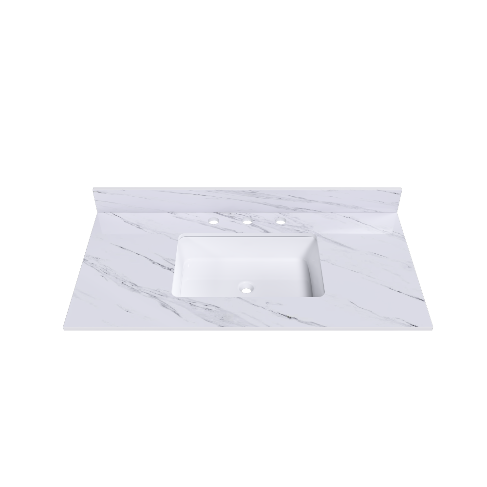 43 Inch Marble Vanity Top, White Vanity Top with 3 Pre-drilled Faucet Holes, Bathroom Vanity Top with Undermount Rectangular Middle Sink and 4" Height Backsplash, Bianco Carrara Venato