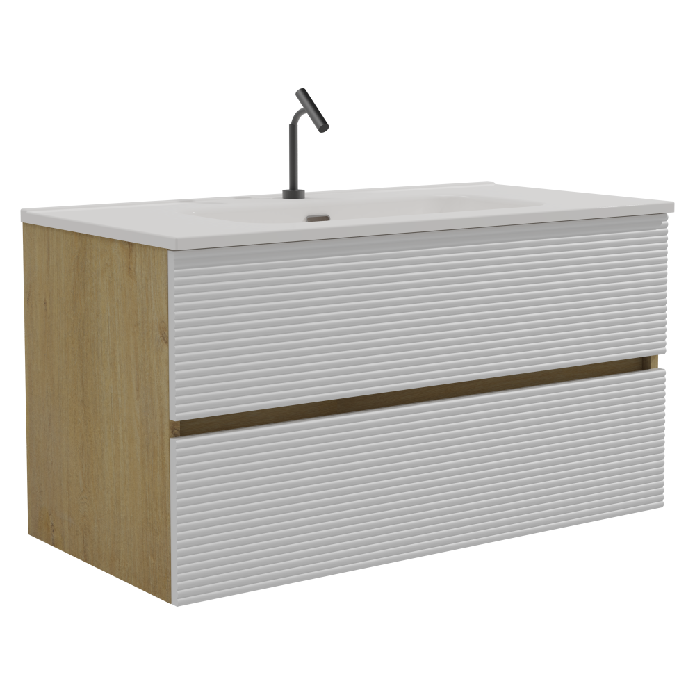 Gloria 36" Wall Mounted Snow White Matt & Natural Oak Bathroom Vanity with Integrated Ceramic Sink with Overflow, Large Storage Floating Bathroom Vanity for Modern Bathroom, Pre-assembled
