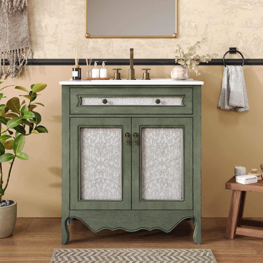 30" Antique Pattern Bathroom Vanity with Rectangle Ceramic Sink, Bathroom Vanity Cabinet with Tip-Out Tray / Flip-Out Drawer, Equipped with Antique Handles and Rubber Wood legs, Antique Green + Blue