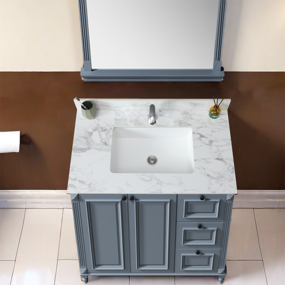 37"x22"Bathroom Vanity Top,sintered stone carra white Barthroom Vanity Sink Tops with Rectangular Undermount Ceramic Sink with Vanity Backsplash, Single Faucet Hole Bathroom Vanity Countertop