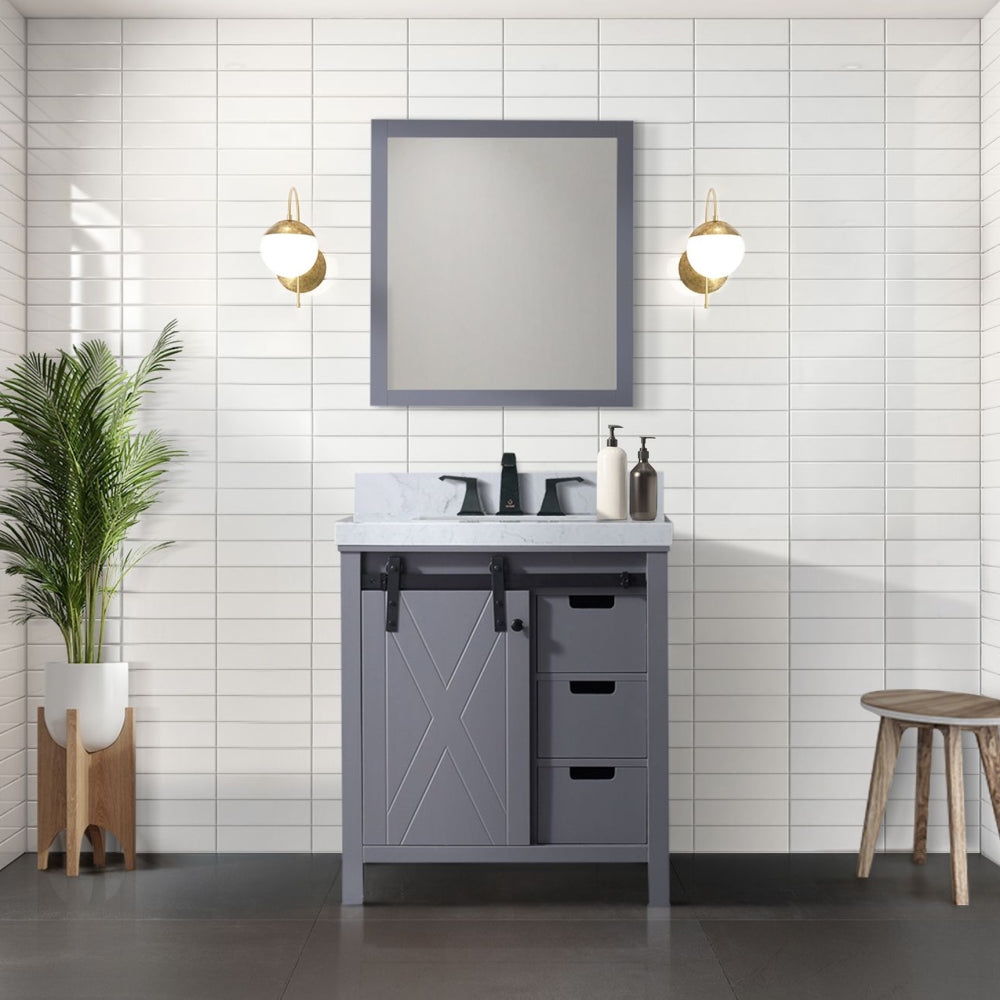 Dark Grey Bath Vanity 30 in. W x 22 in. D, Carrara Marble Countertop, Faucet Set and 28 in. Mirror