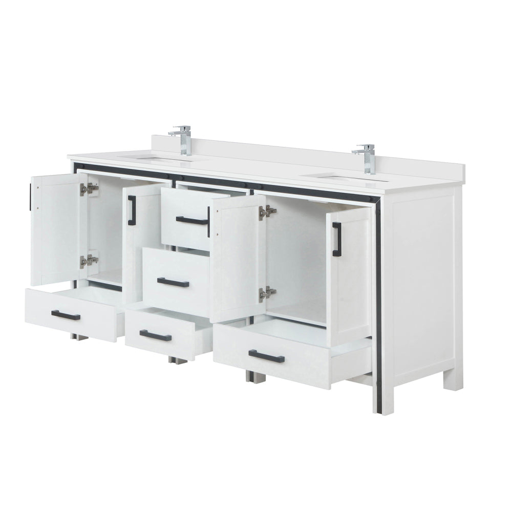 White Double Bath Vanity 72 in. W x 22 in. D, White Quartz Top and Faucet Set
