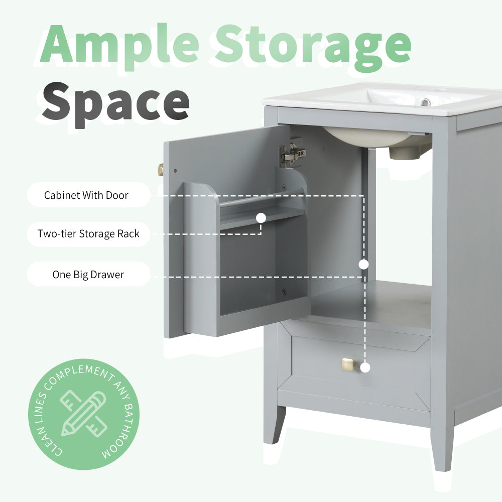 20" Bathroom Vanity with Sink, Bathroom Cabinet with Soft Closing Door, Storage Rack and A Drawer, Grey