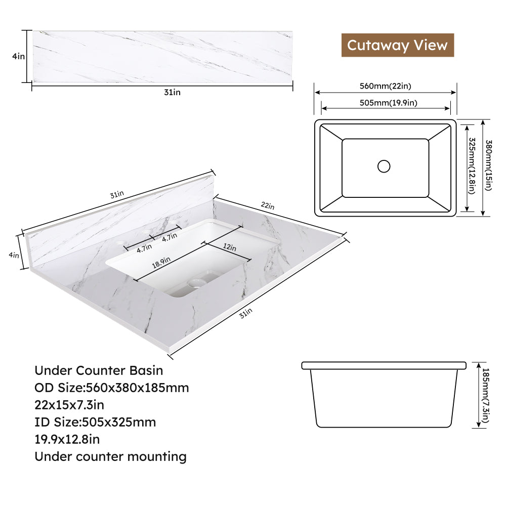 31 Inch Marble Vanity Top, White Vanity Top with Pre-drilled Faucet Holes, Bathroom Vanity Top with Undermount Rectangular Middle Sink and 4" Height Backsplash, Bianco Carrara Venato