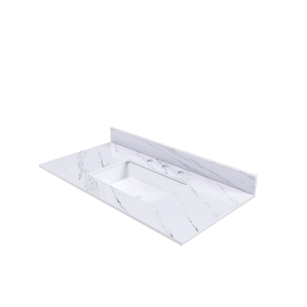 43 Inch Marble Vanity Top, White Vanity Top with 3 Pre-drilled Faucet Holes, Bathroom Vanity Top with Undermount Rectangular Middle Sink and 4" Height Backsplash, Bianco Carrara Venato