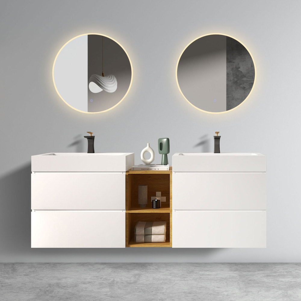 Alice 36" White Bathroom Vanity with Sink, Large Storage Wall Mounted Floating Bathroom Vanity for Modern Bathroom, One-Piece Black Sink Basin without Drain and Faucet, Pre-assembled