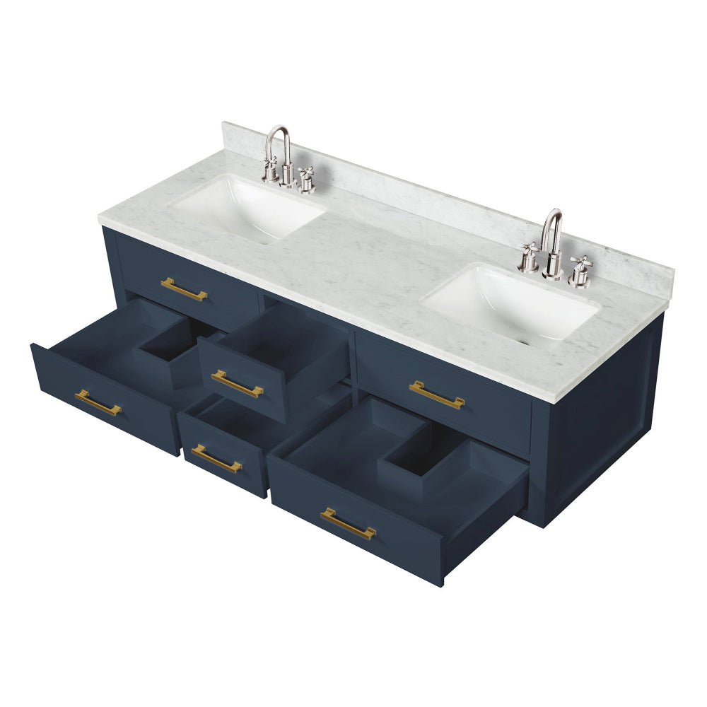 Blue Double Bath Vanity 72 in. W x 22 in. D, Carrara Marble Top, and Faucet Set