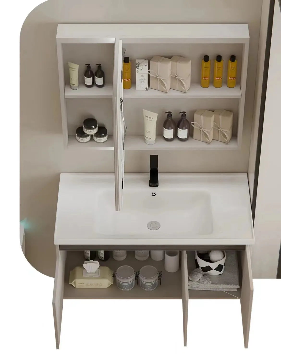 aluminum bathroom cabinet Luxury aluminum PVC bathroom vanity set Smart mirror box Easy to clean Ceramic integrated sink Large storage space Home