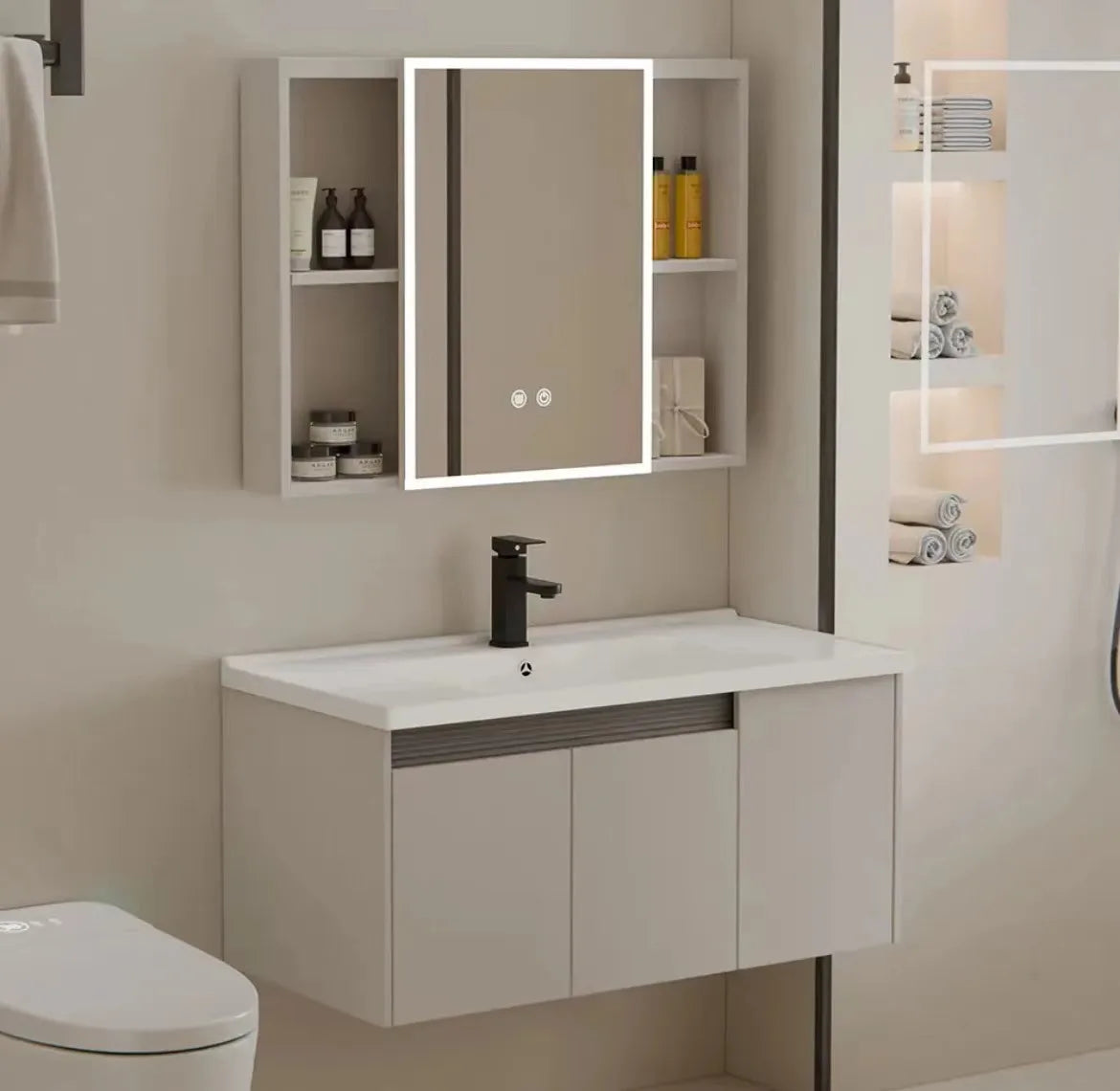 aluminum bathroom cabinet Luxury aluminum PVC bathroom vanity set Smart mirror box Easy to clean Ceramic integrated sink Large storage space Home