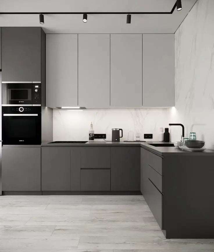 Kitchen cabinet Custom matt gray style HDM board cabinet furniture set design, with island paint cabinet