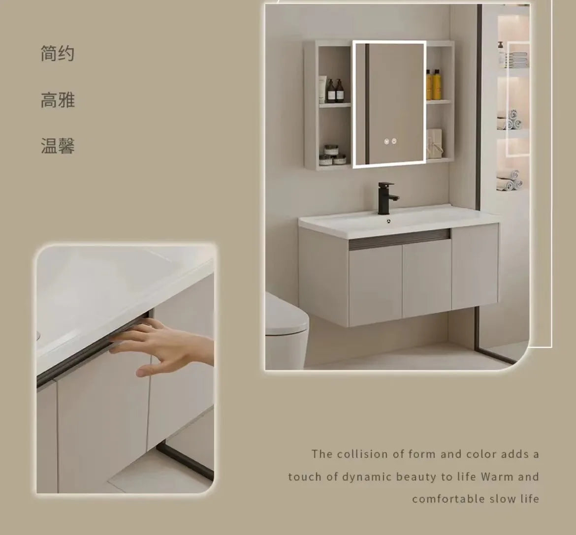 aluminum bathroom cabinet Luxury aluminum PVC bathroom vanity set Smart mirror box Easy to clean Ceramic integrated sink Large storage space Home