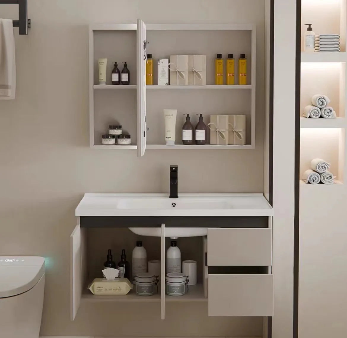 Marketing Design Bathroom Drawer Cabinet PVC Wall Mounted Bathroom Vanity with Hotel Ceramic Washbasin Sink Set