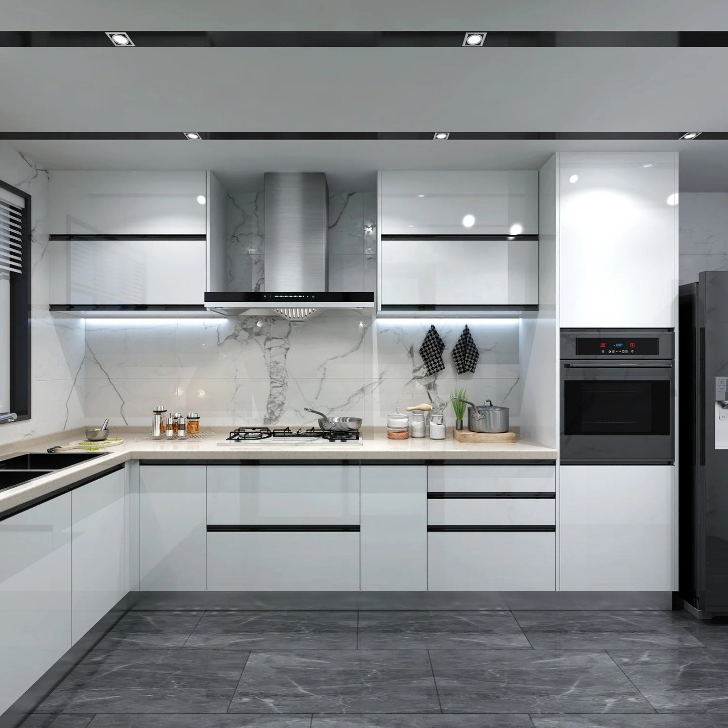 Modern Island Kitchen cabinet Design All Metal Laminate Glossy Cabinet Wholesale Ex-Factory Price Made in China