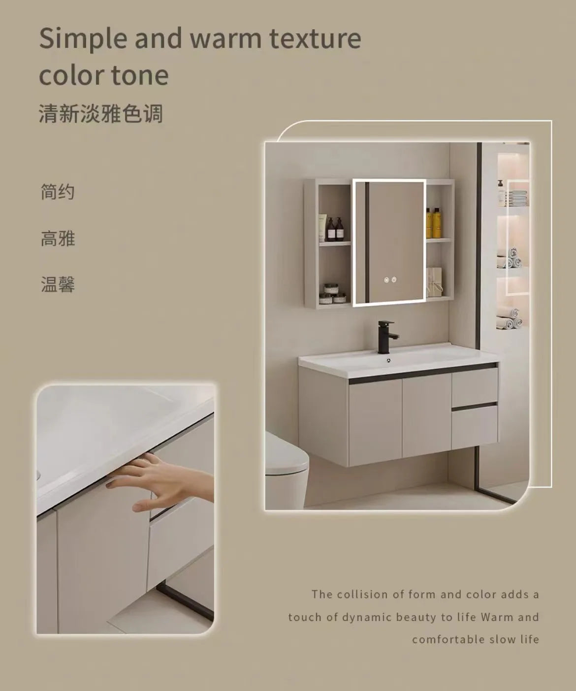 Marketing Design Bathroom Drawer Cabinet PVC Wall Mounted Bathroom Vanity with Hotel Ceramic Washbasin Sink Set