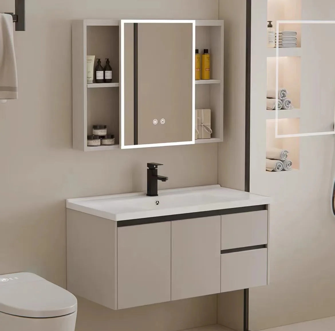 Marketing Design Bathroom Drawer Cabinet PVC Wall Mounted Bathroom Vanity with Hotel Ceramic Washbasin Sink Set